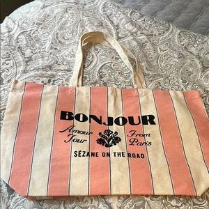 Sezane Pink and Cream Striped Tote Bag with Bonjour Print. NWOT